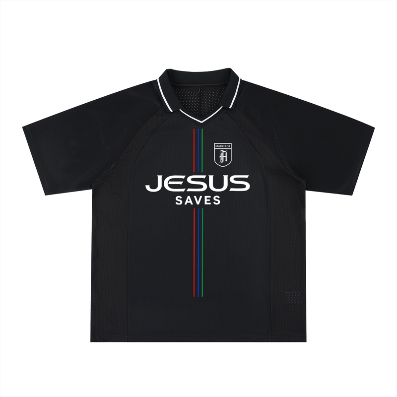 Oversized Black Jesus Saves Jersey (size down)