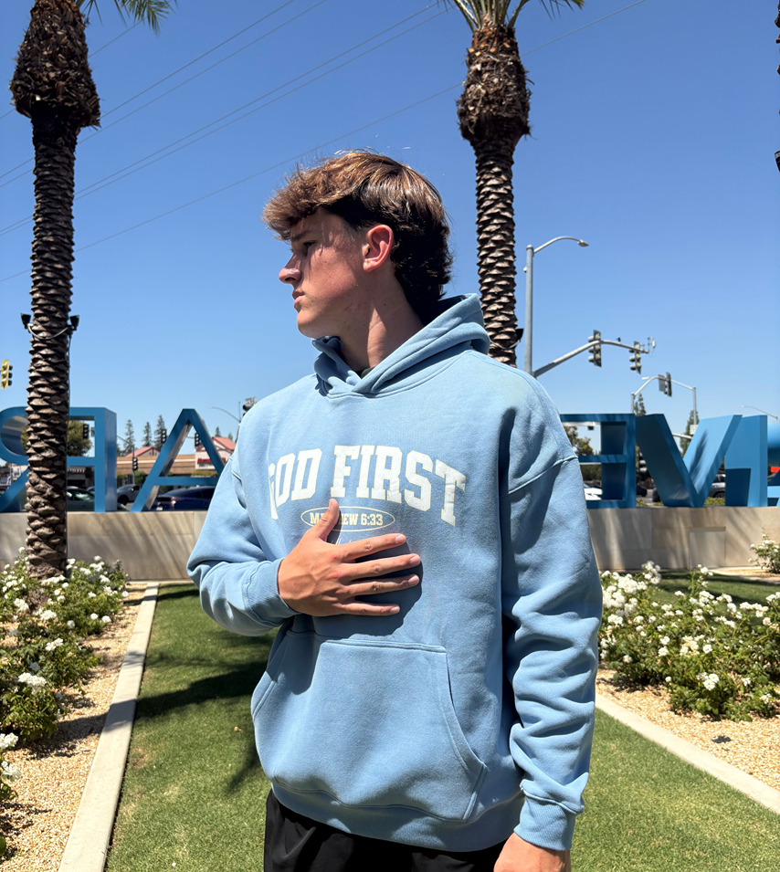 GOD FIRST HOODIE BLUE