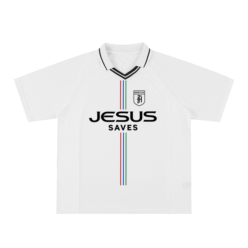 Oversized White Jesus Saves Jersey (size down)