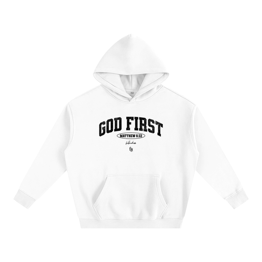 GOD FIRST HOODIE WHITE, GREY