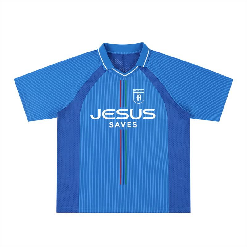 Oversized Blue Jesus Saves Jersey (size down)