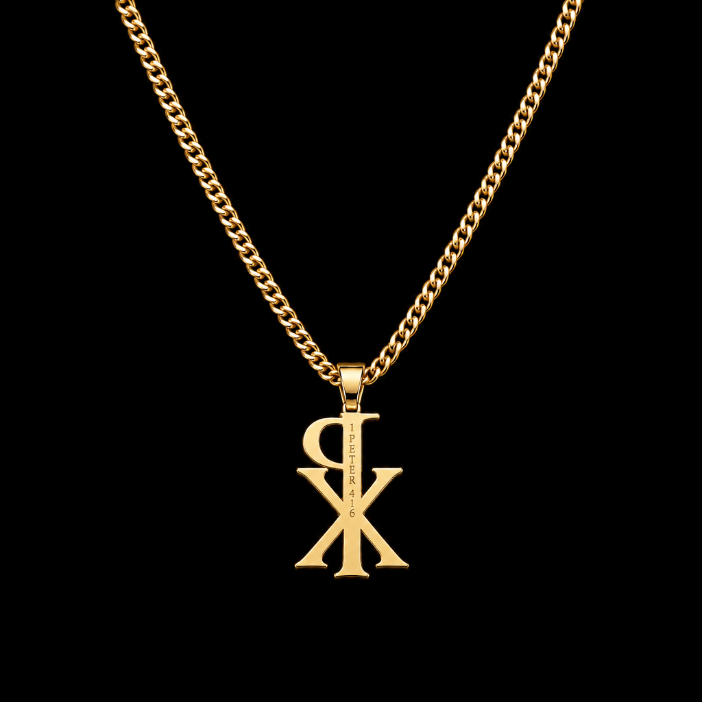 The Chi Rho pendant back, engraved 1 Peter 4:16, gold