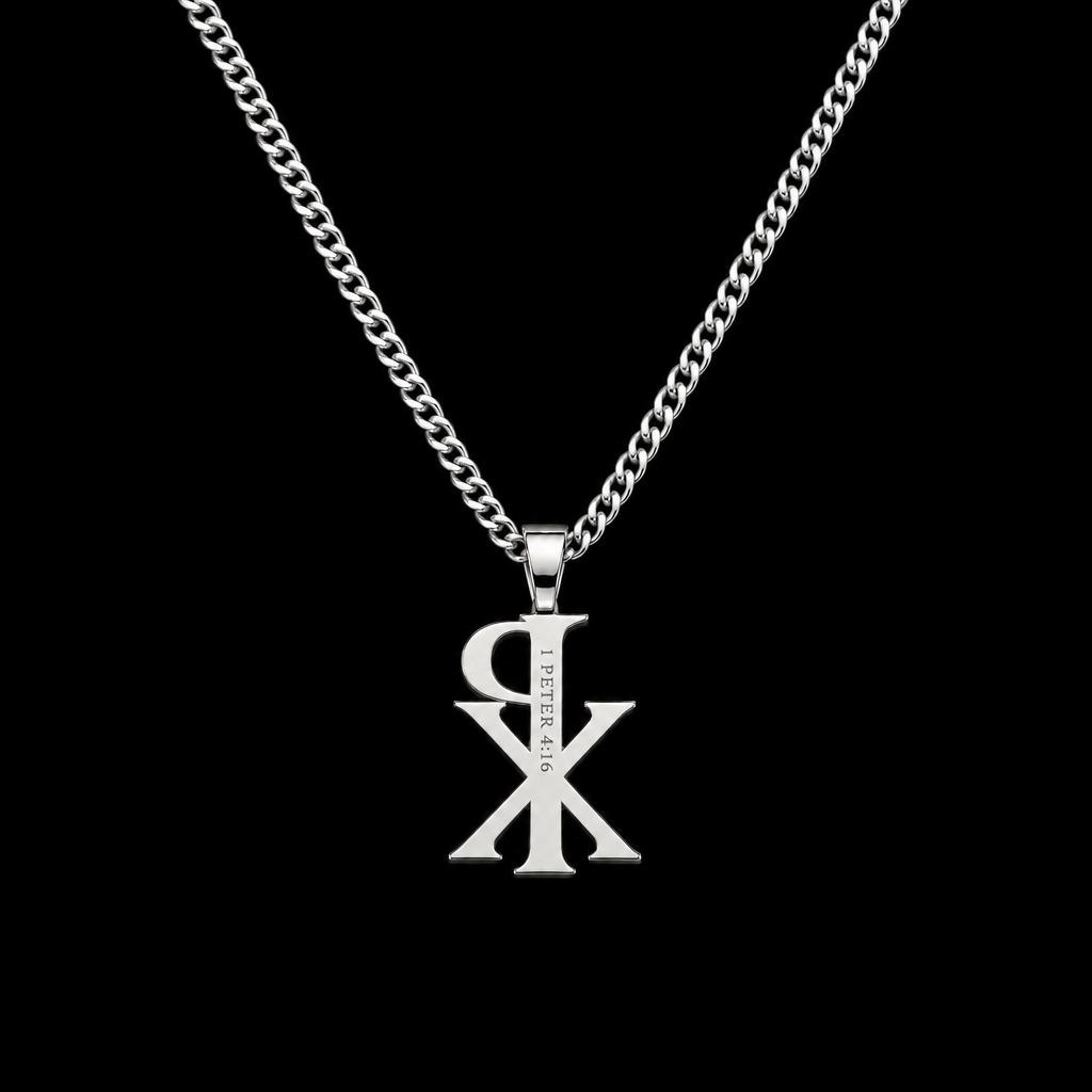 The Chi Rho pendant back, engraved 1 Peter 4:16, silver