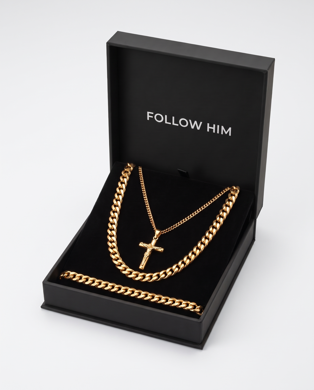 The Crucifix Set in the Follow Him box, gold, white