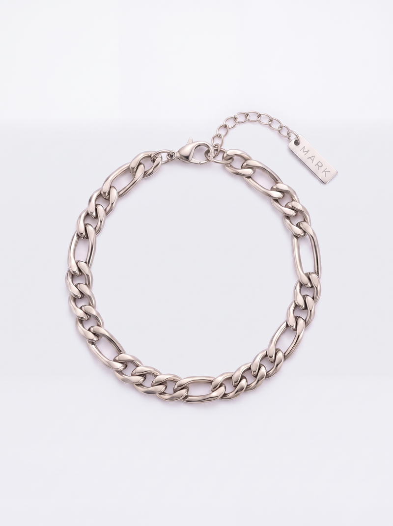Silver 6.5mm Figaro bracelet with MARK tag