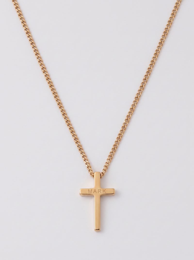 Gold cross necklace on a 2mm Cuban chain, MARK engraved on the back of the crossbar
