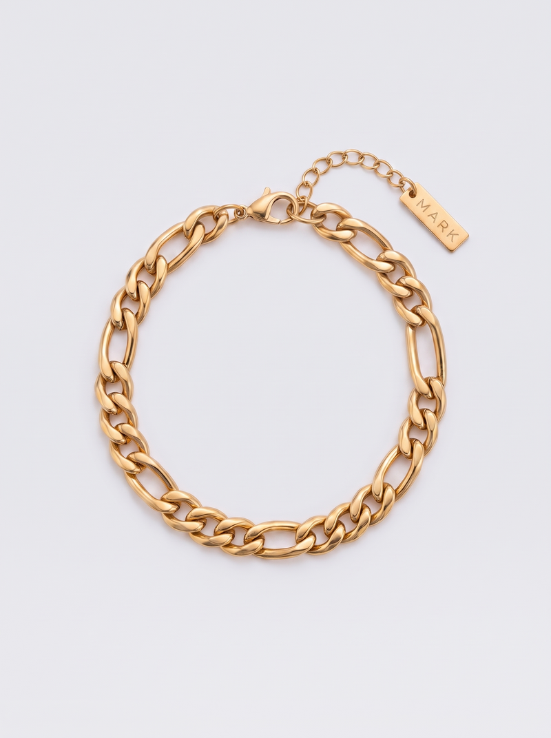 Gold 6.5mm Figaro bracelet with MARK tag