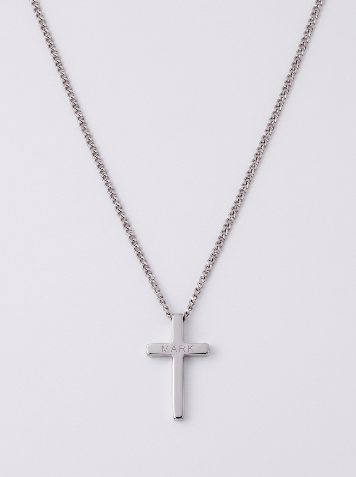 Silver cross necklace — MARK engraved on the crossbar, 2mm curb chain