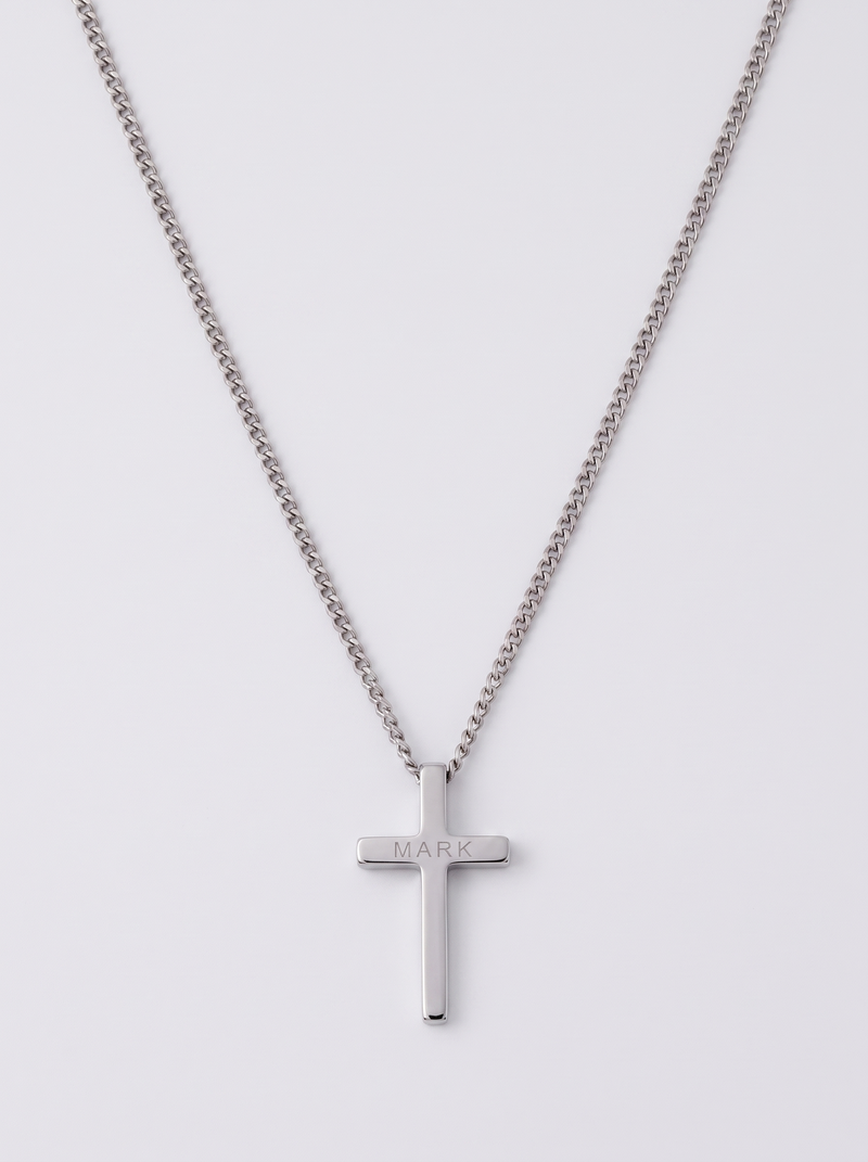 Silver cross necklace on a 2mm Cuban chain, MARK engraved on the back of the crossbar