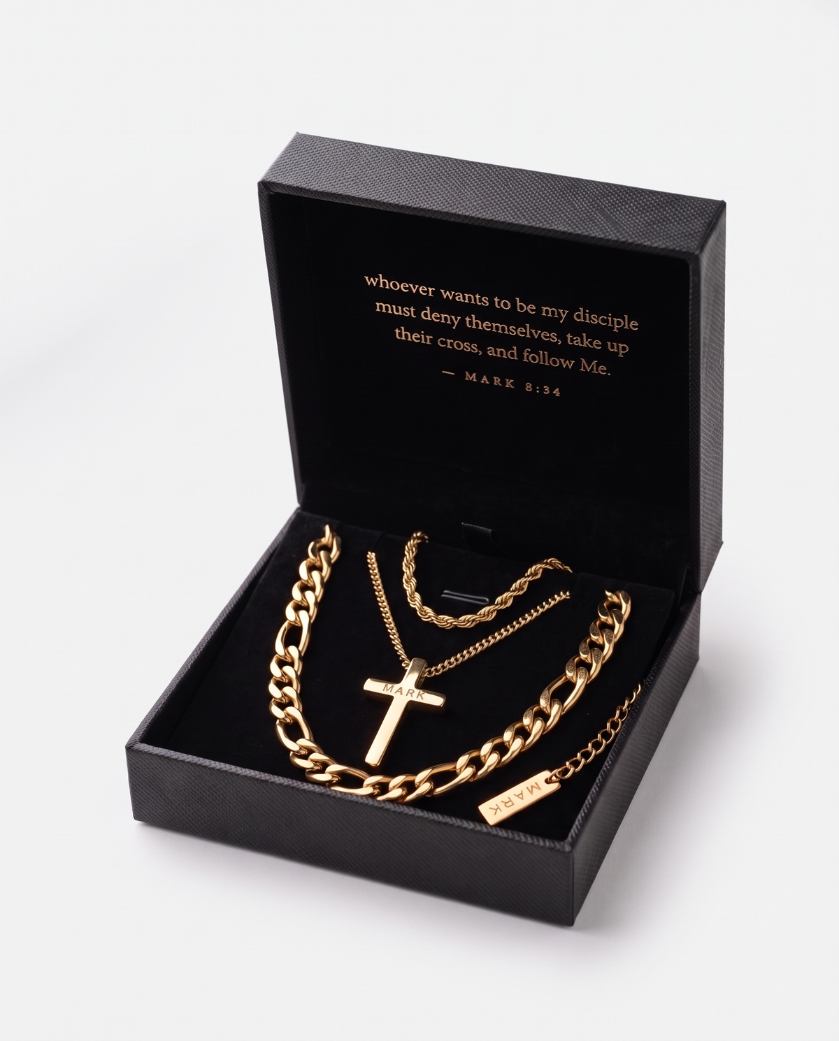 The full gold set in the Mark Classics box, Mark 8:34 inside the lid