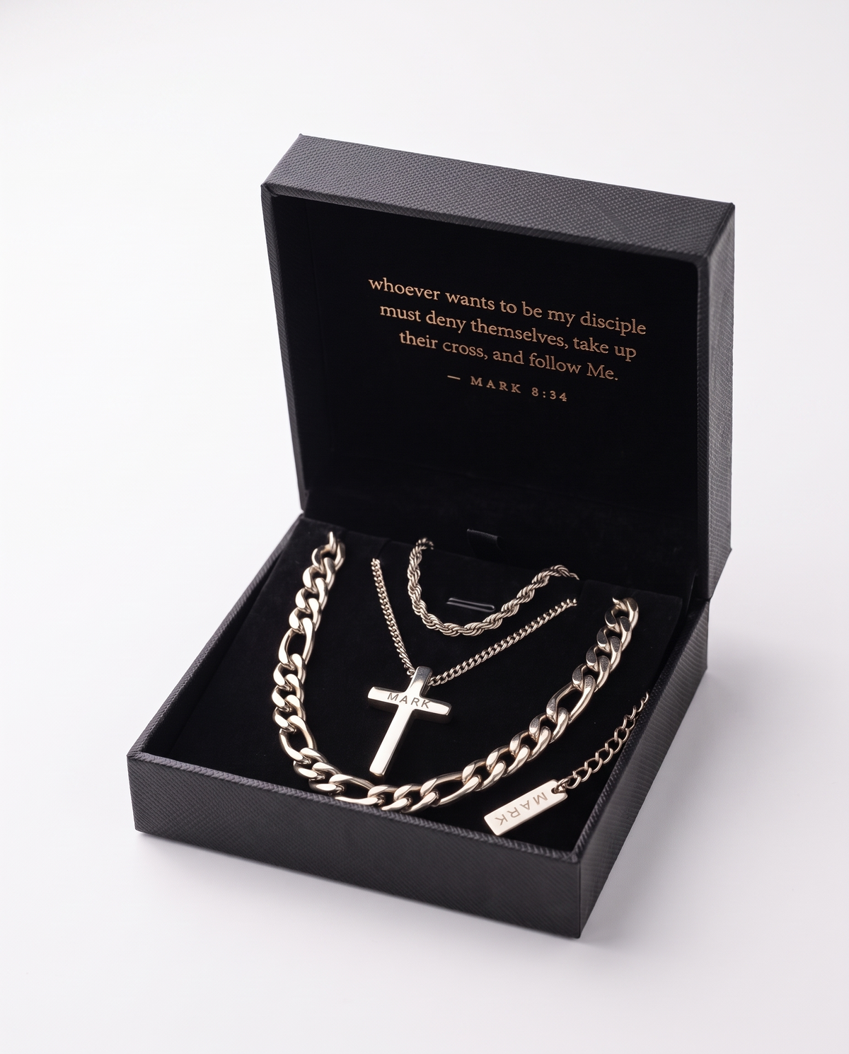 The full silver set in the Mark Classics box, Mark 8:34 inside the lid