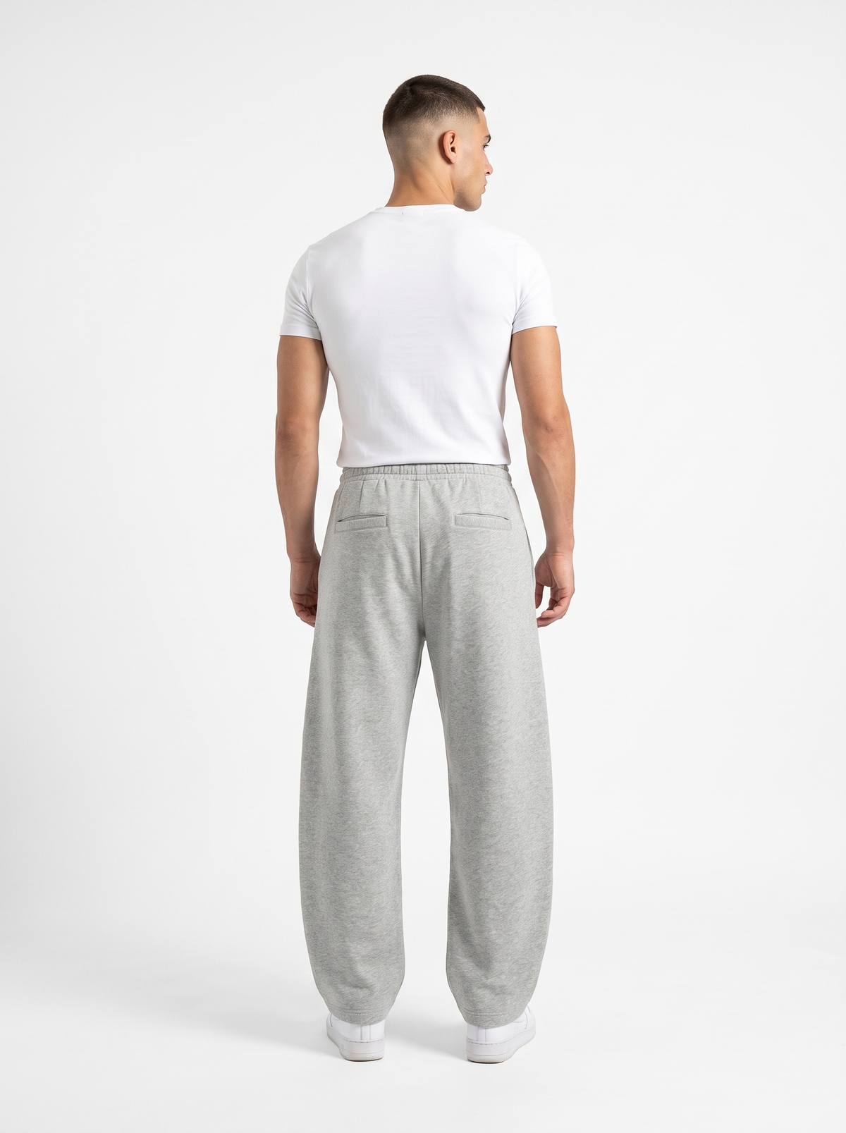 Gray barrel leg sweatpants, back view