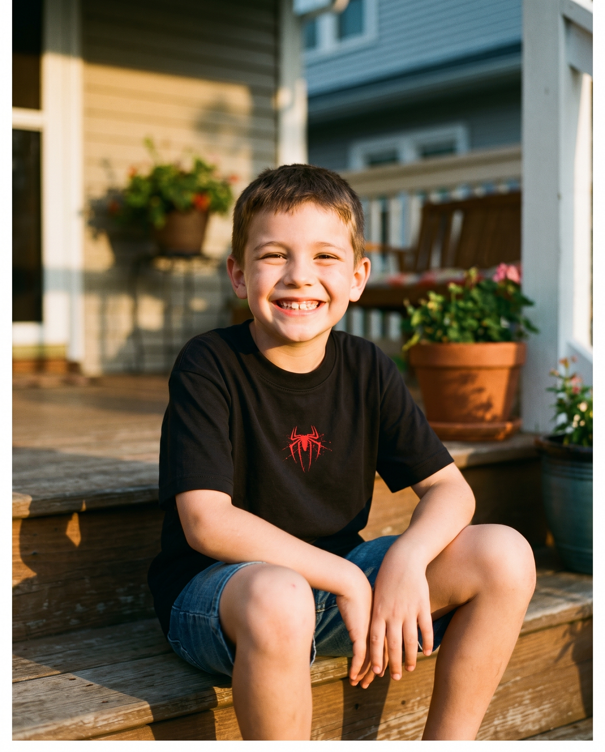 Boy in the Youth The Only Way tee on porch steps