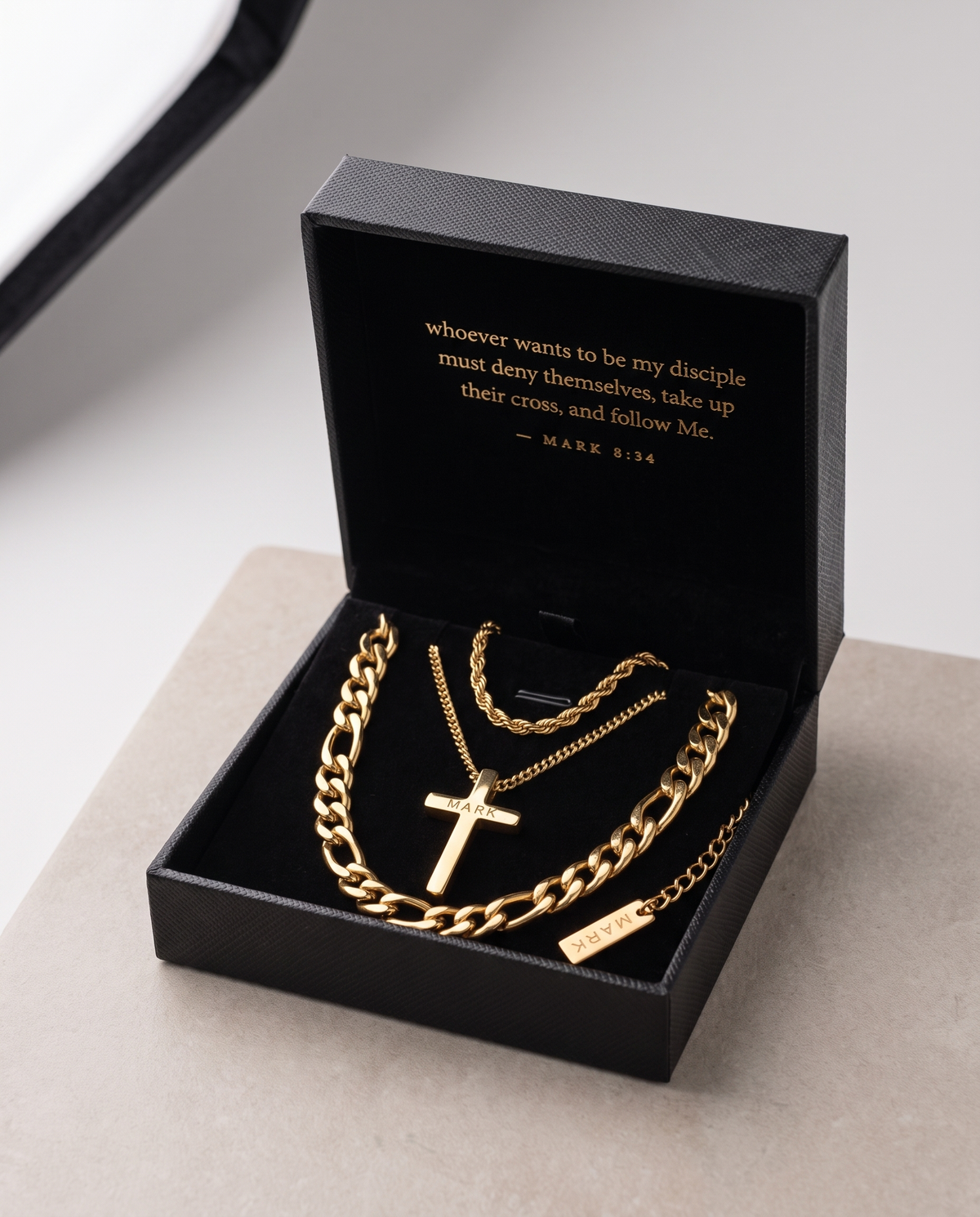 The gold set in the Mark Classics box — Mark 8:34 inside the lid
