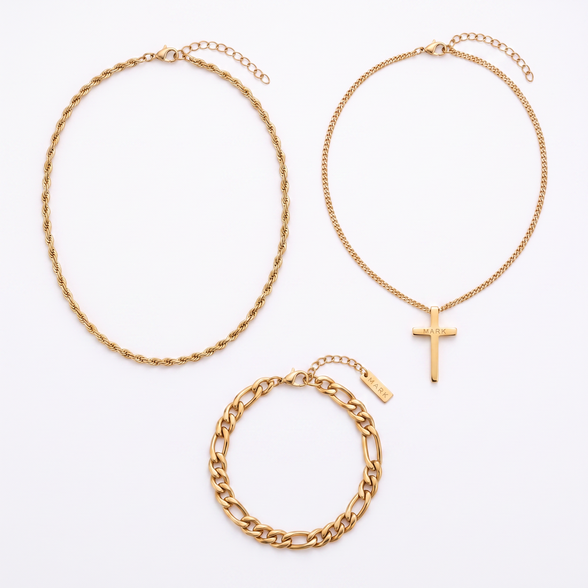 The complete set in gold — cross necklace, rope chain and Figaro bracelet